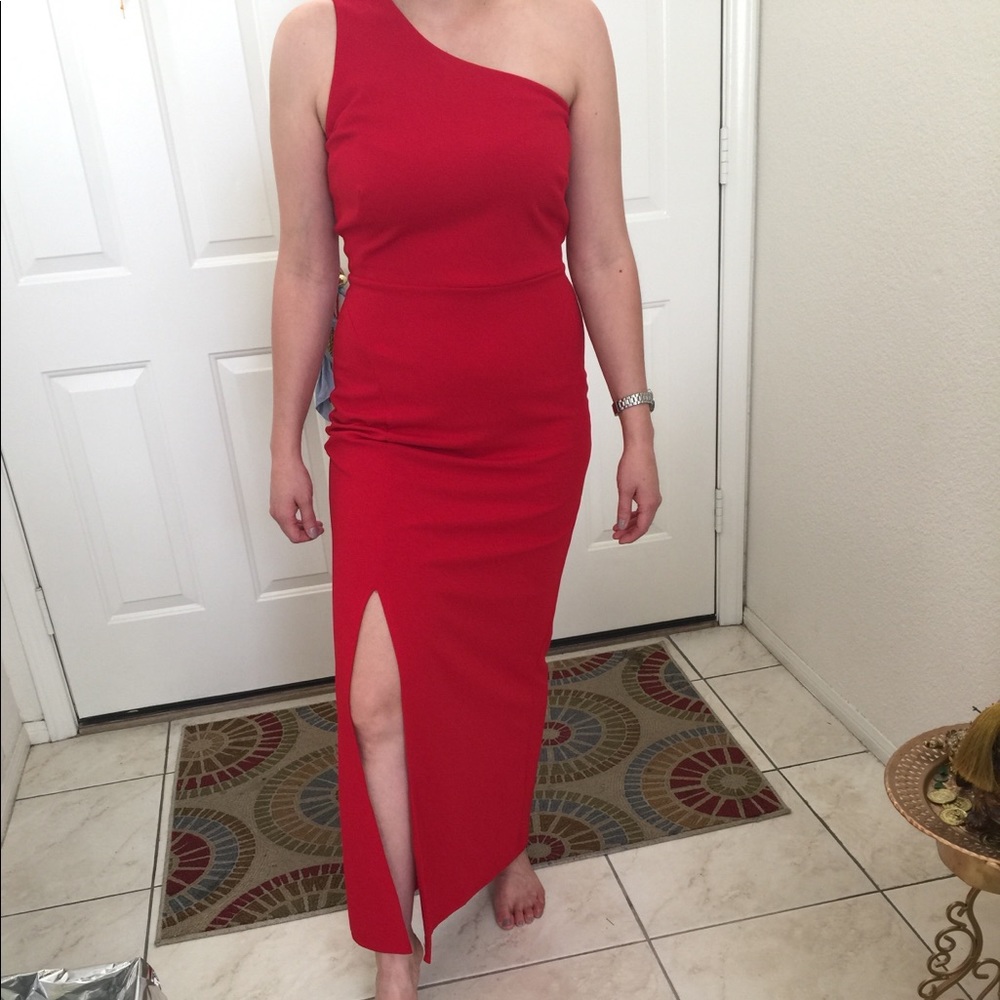 long open shoulder red dress
